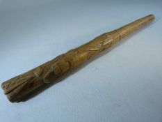 Early knitting sheath depicting acorns, scissors and Foliage. Handcarved with initials. c.1820's