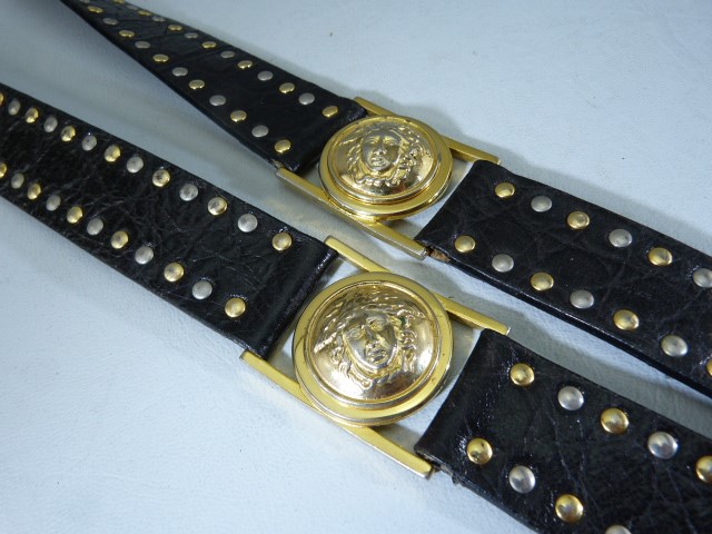 Rare early 90s Versace belt, black leather with gold and silver studs and medusa head buckles. - Image 6 of 9