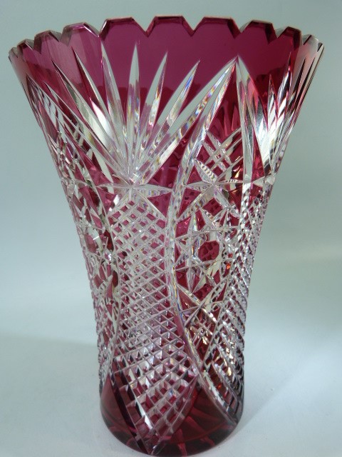 Bohemian crystal cranberry flash overlay glass vase with star cut base. - Image 3 of 3
