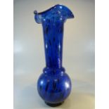 Tall antique Bristol blue glass vase with extended neck and bulbous body. The Frilled top with clear
