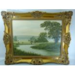 E. Turner Oil on Canvas of a countryside scene. Signed lower right and mounted in a Gilt Gesso