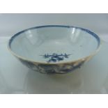 George III Delft bowl - in blue and white. Small hairline to inner bowl and nibbles to base