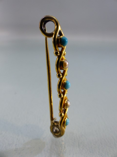 Gold (possibly 18ct) Turquoise and Seed Pearl bar brooch - Image 5 of 6