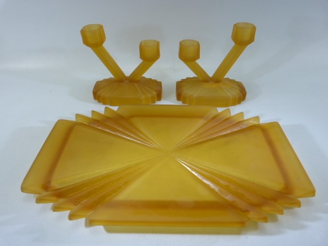 Art Deco glassware to include Orrefors candlesticks, Amber art Deco candle sticks and tray, and a - Image 3 of 14
