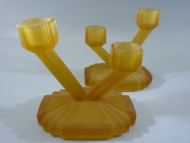 Art Deco glassware to include Orrefors candlesticks, Amber art Deco candle sticks and tray, and a - Image 5 of 14