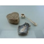 Small continental hallmarked silver box, mustard spoon and a small brooch/money clip