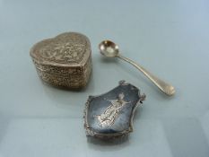 Small continental hallmarked silver box, mustard spoon and a small brooch/money clip