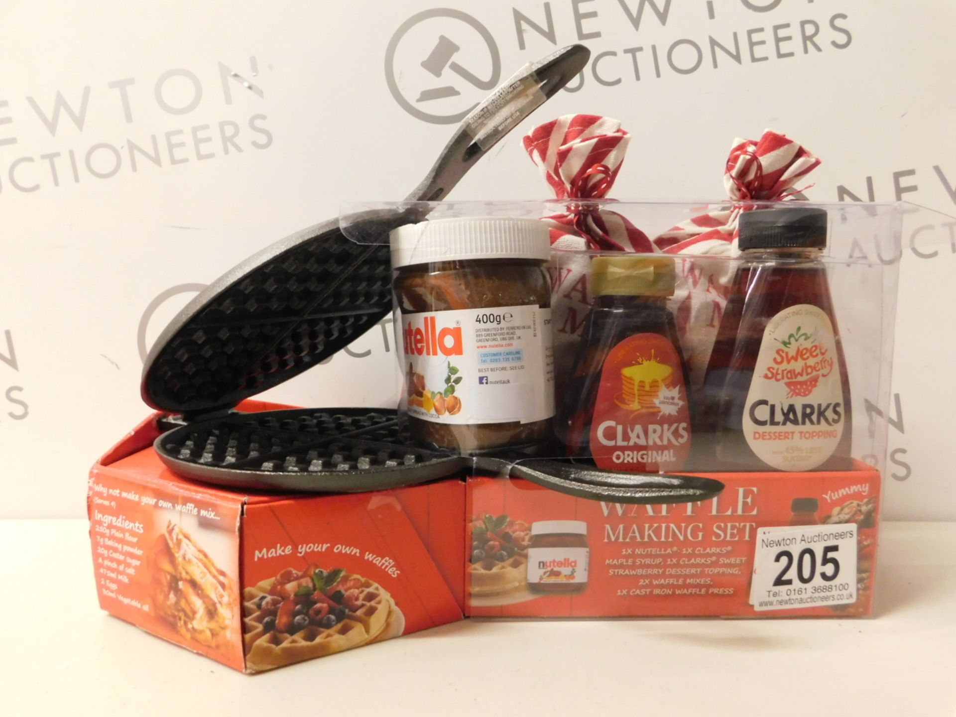 1 PACK OF WAFFLE MAKING SET INCLUDING CAST IRON WAFFLE PRESS, NUTELLA & SYRUP ETC. RRP £24.99