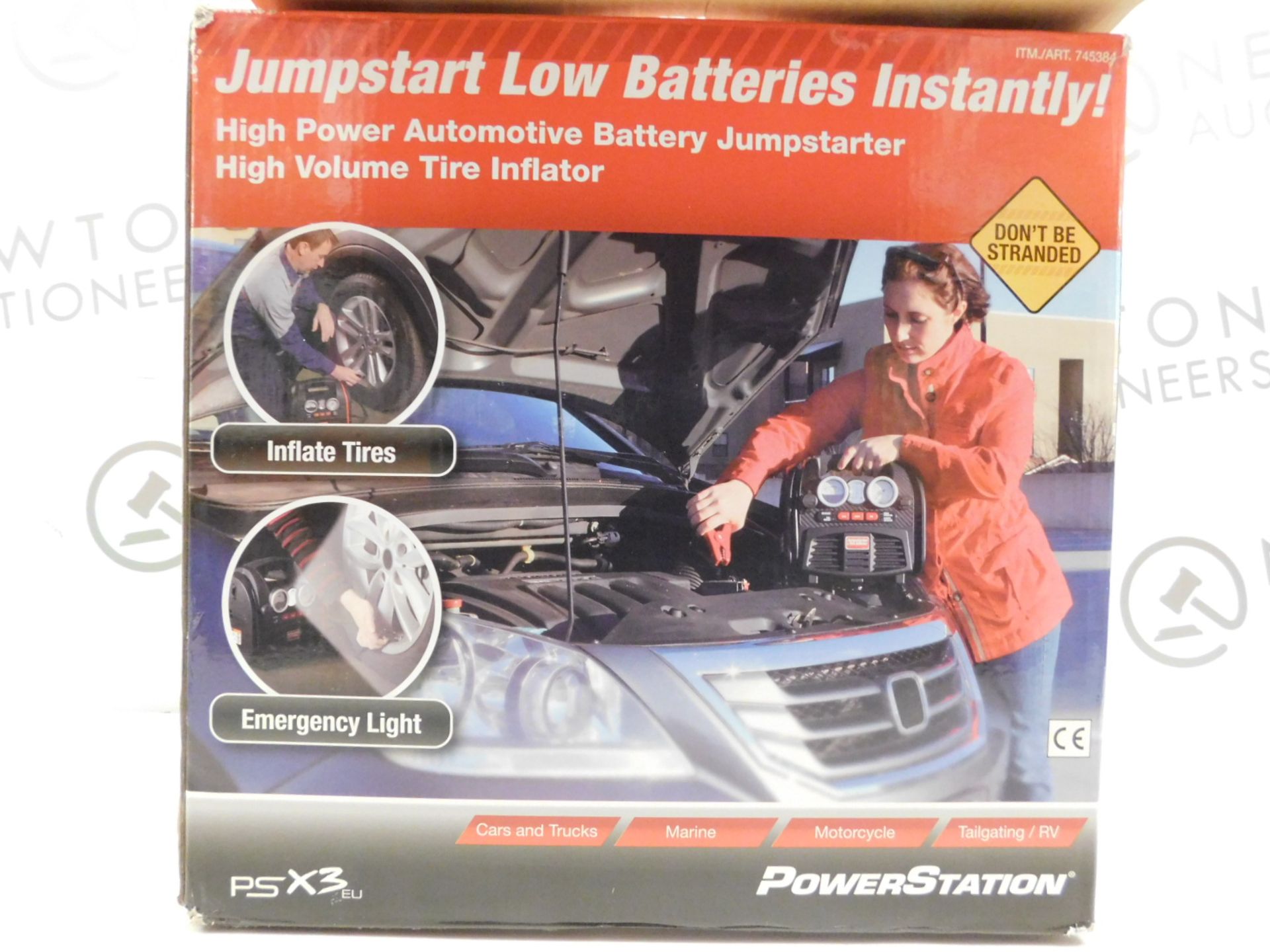 1 BOXED POWERSTATION PSX3 BATTERY JUMPSTARTER WITH BUILT IN LIGHT AND COMPRESSOR RRP £129.99