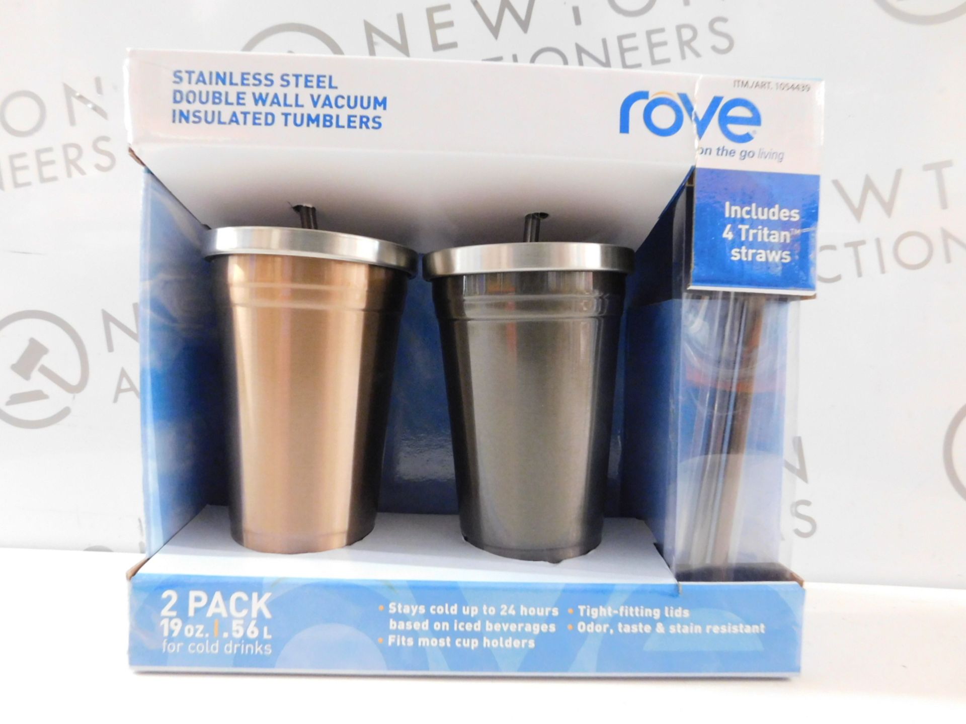 1 BRAND NEW BOX OF 2 ROVE STAINLESS STEEL DOUBLE WALL VACUUM INSULATED TUMBLERS WITH STRAWS RRP £