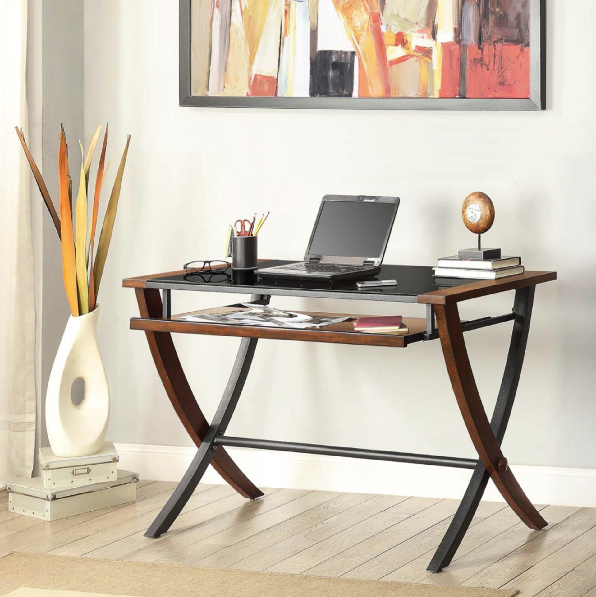 1 BOXED BAYSIDE FURNISHINGS DESK WITH TEMPERED GLASS TOP PLUS KEYBOARD TRAY RRP £179.99