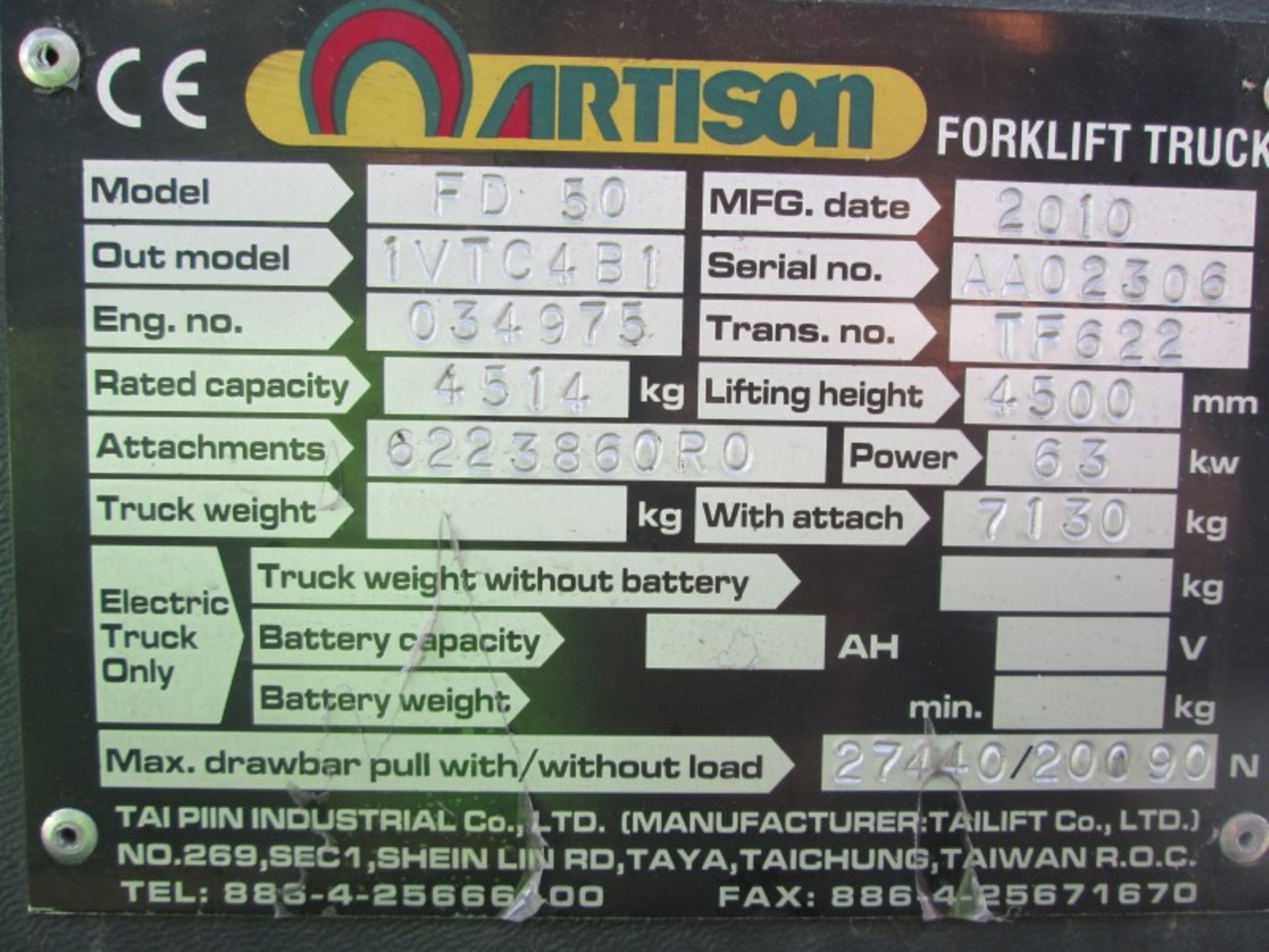 ARTISON FD50 Plant Diesel - VIN: AA02306 - Year: 2010 - 5,000 Hours - 4.5M Triplex Forklift, - Image 4 of 7