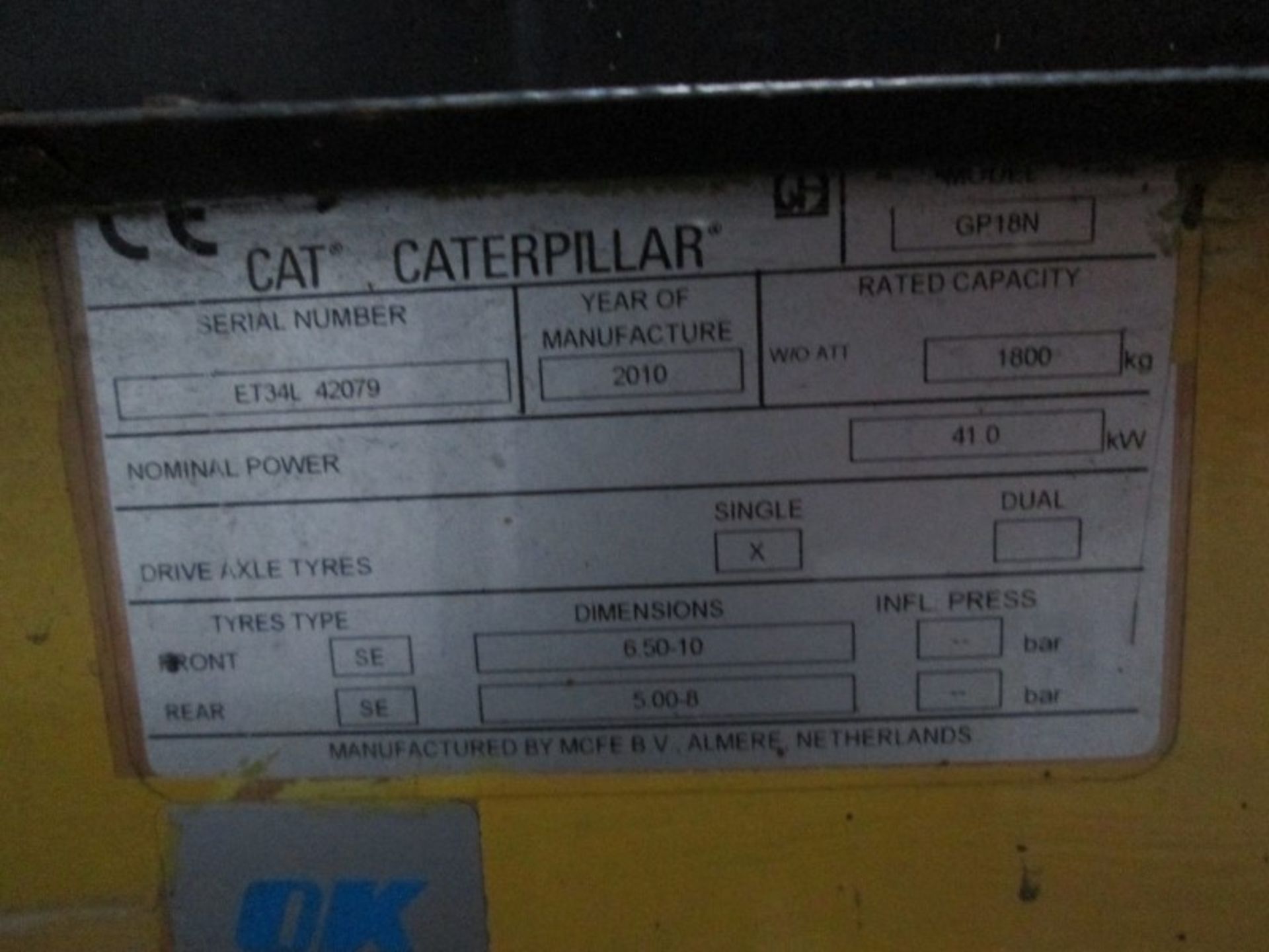 CAT GP18N Plant LPG / CNG - VIN: ET34L42078 - Year: 2010 - 14,133 Hours - Duplex Forklift, R.D.L - Image 5 of 7