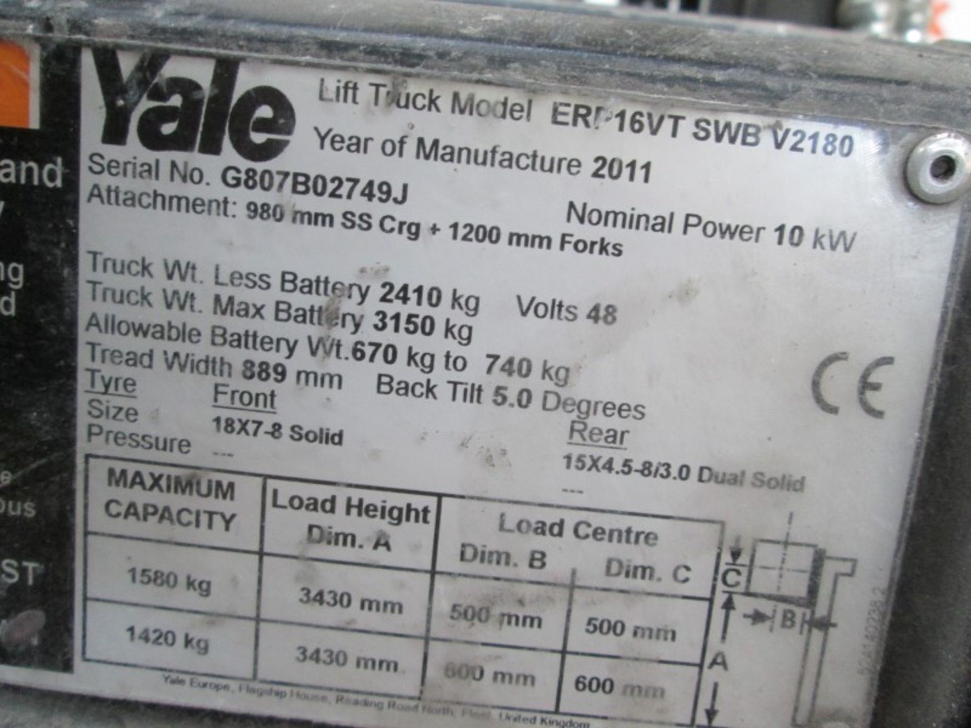YALE ERF16VTSWB Plant Electric - VIN: G807B02749J - Year: 2011 - 2,685 Hours - Duplex Forklift, w/ - Image 7 of 7