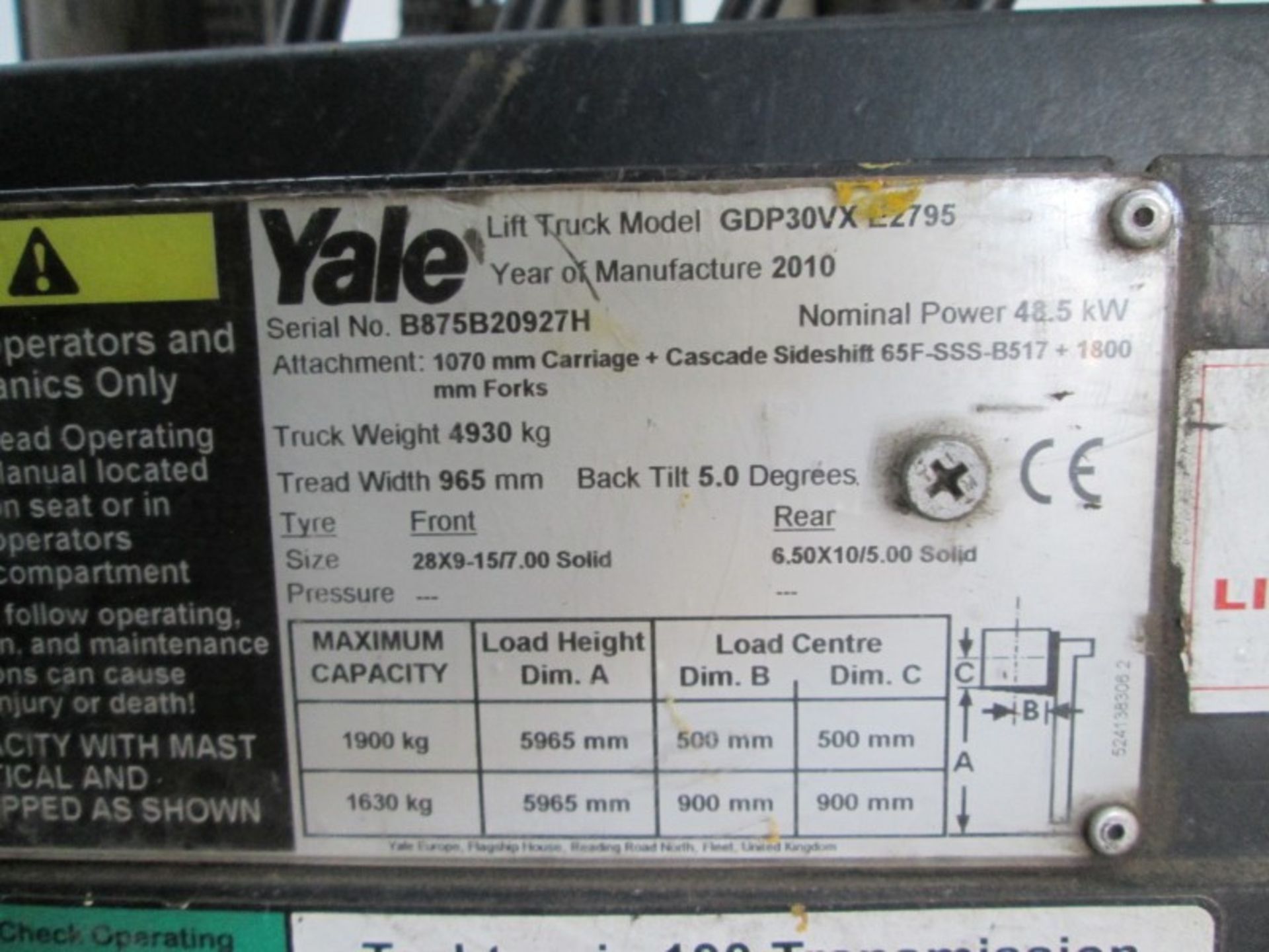 YALE GDP30VX E2795 Plant Diesel - VIN: B875B20927H - Year: 2010 - 4,057 Hours - Triplex Forklift, - Image 6 of 7