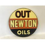 A Newton Oils circular aluminium advertising sign - Out, 14" diameter.