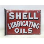 An early Shell Lubricating Oils double sided enamel sign with re-attached hanging flange, in very