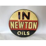 A Newton Oils circular aluminium advertising sign, with directional 'In' message, 14" diameter.