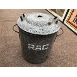 An unusual mottled grey enamel lidded bin, bearing RAC lettering to the exterior.