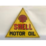 A Belgian Shell Motor Oil triangular enamel sign with slight retouching to the edge, 28 3/4 x 25 1/