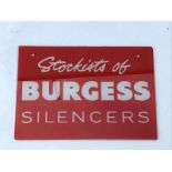 A rectangular glass advertising sign for Burgess silencers.