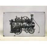 A Ransomes Sims and Jefferies pictorial mobile steam engine black and white enamel sign, 23 3/4 x 13