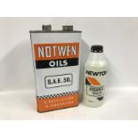 A Notwen Oils S.A.E.30 gallon can and a Newton plastic oil can, full.