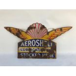 An Aeroshell Lubricating Oil Stocked Here shaped double sided enamel sign, 28 1/4 x 15".