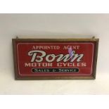 A Bown Motor Cycles Sales and Service Agency rectangular glass sign, in later wooden frame, 14 x