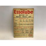 An Essolube Motor Oil retail price list showcard, 6 x 8 1/2".