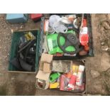 Three boxes of assorted new old stock parts, workshop equipment etc.