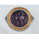 A French orange and purple enamel St. Christopher dashboard plaque.