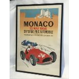 A large framed and glazed poster advertising the 1956 Monaco Grand Prix, also a Monaco part enamel