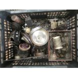 A tray of vintage electrical items including petrol sender units.