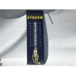 A French enamel part pictorial thermometer depicting a spark plug, marked Bougies Eyquem, 12 1/4 x