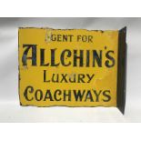 An unusual Allchin's Luxury Coachways double sided agency enamel sign with re-attached hanging