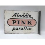 An Aladdin Pink Paraffin double sided enamel sign with hanging flange, 21 x 14".