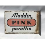 An Aladdin Pink Paraffin double sided enamel sign with hanging flange, 21 x 14".