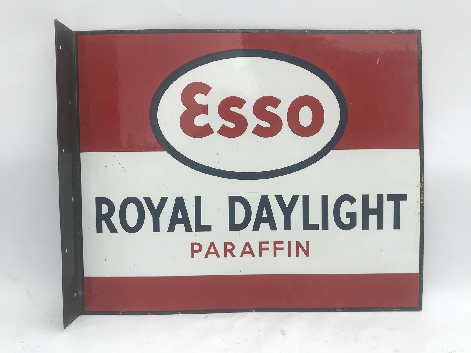 An Esso Royal Daylight Paraffin rectangular double sided enamel sign with hanging flange and good