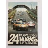 An original Le Mans 24 Hours poster for 1966, the image used being cars in action racing down from