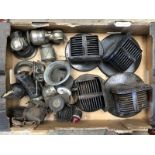 A box of parts to include lamps, headlamp wartime shields etc.