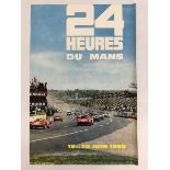 An original Le Mans 24 Hours poster for 1965, the image being a photograph for the Le Mans start and