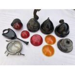 A small box of assorted lamps to include three Lucas side lamps with lenses, glass and plastic