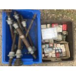 A box of new old stock lamp bulbs, a chain hoist and a quantity of Riley engine bearer bars.