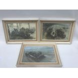 AFTER GORDON CROSBY - a set of three framed and glazed coloured prints depicting various racing cars
