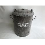 An unusual mottled grey enamel lidded bin, bearing RAC lettering to the exterior.