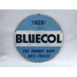 A Smith's Bluecol anti-freeze circular double sided aluminium advertising sign, 24" diameter.