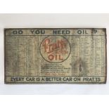 A rare and early Pratts Motor Oil tin chart listing car, commercial and motorcycle manufacturers and