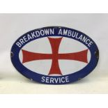 A rare Breakdown Ambulance Service oval enamel sign, 34 x 21 1/2".