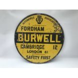 An AA circular enamel village sign for Burwell, Cambridge 12 miles, the sign by Franco, 30"